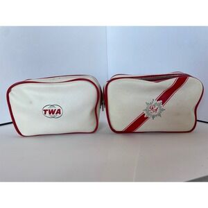 Vintage TWA Trans World Airlines White Vinyl Travel Kit Amenity Bag Red Piping